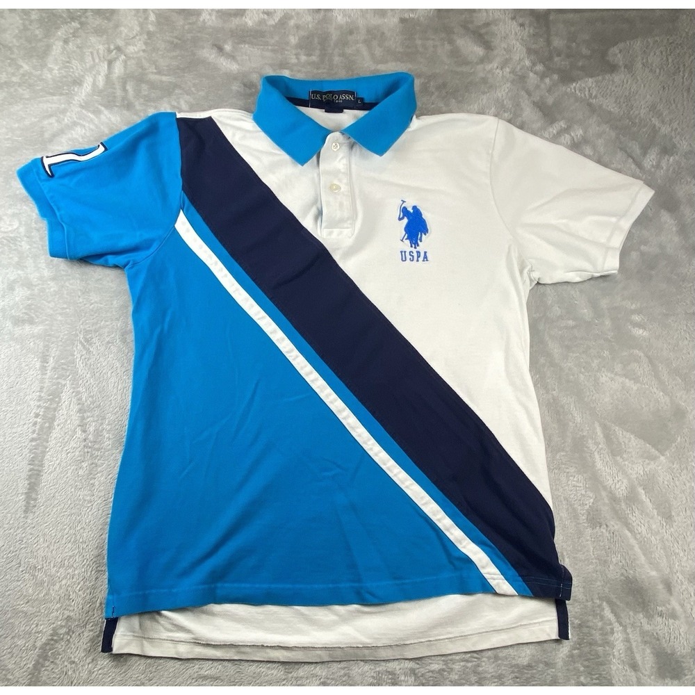 U.S. Polo Assn. Polo Shirt Mens Large Blue,‎ White,Navy Colorblock USPA Logo #1